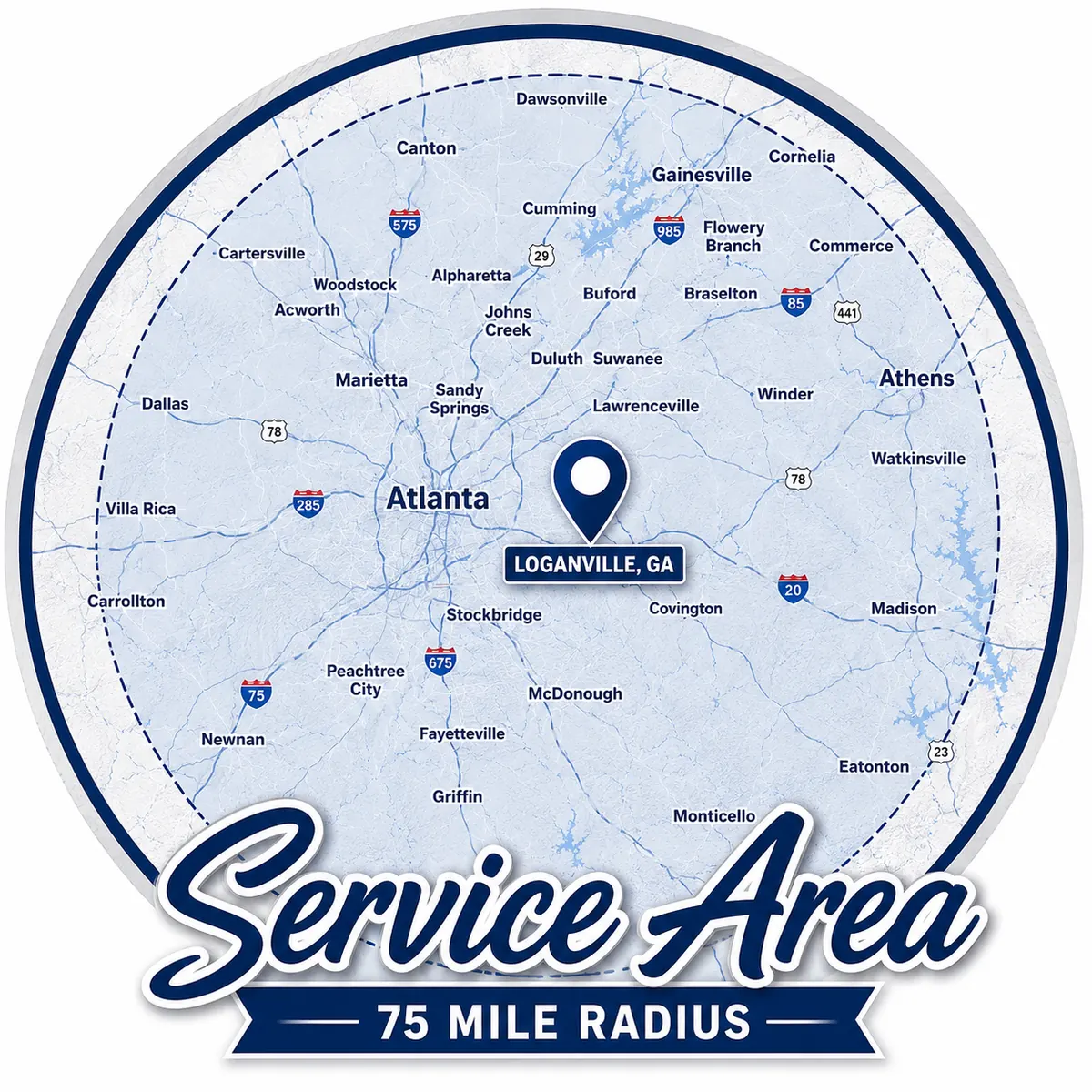 Riverstone Contracting 75-mile service area centered on Loganville, Georgia