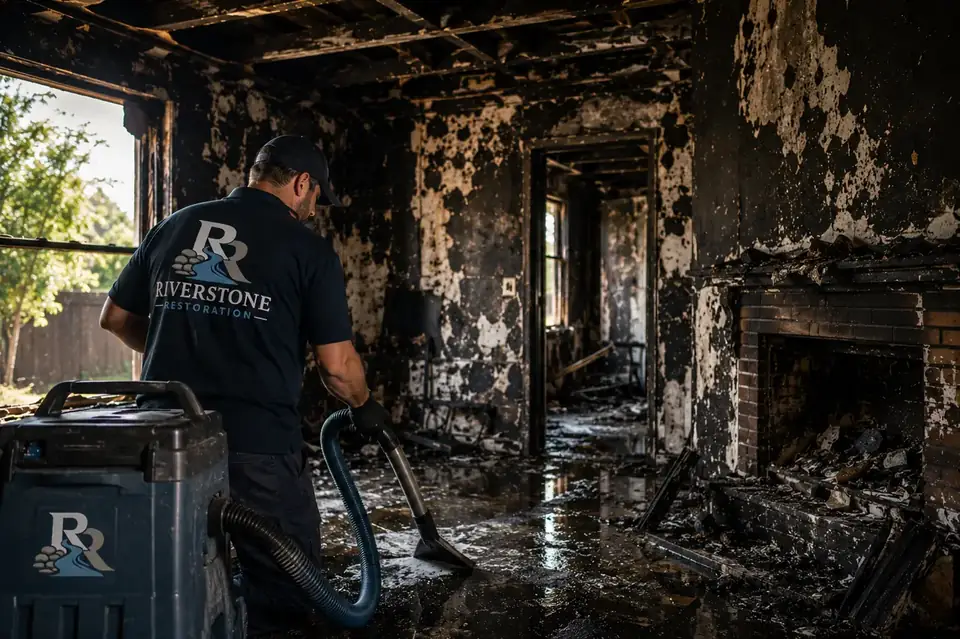Riverstone Restoration technician cleaning a fire-damaged property