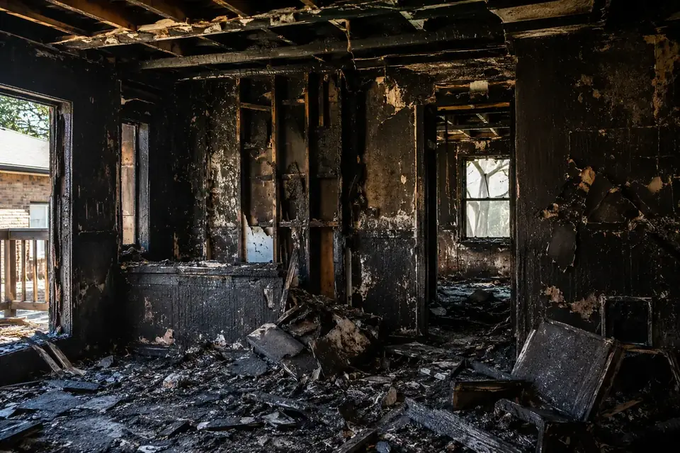 Fire-damaged residential interior