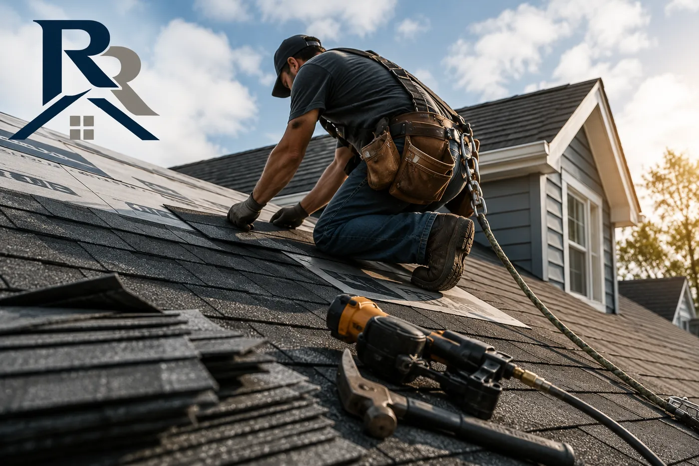 Close-up of a residential roof being repaired